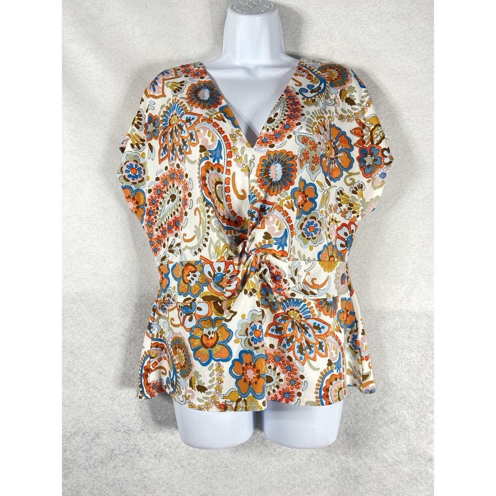 Vince Camuto Top Womens XL Orange Blue Twisted Front Paisley Boho Chic New